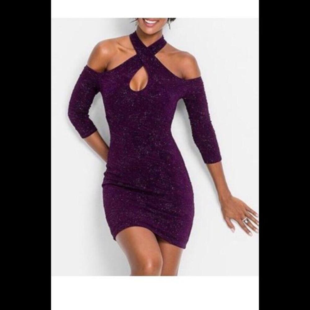 👗🟣Venus Purple Sparkle Cold Shoulder Dress Size Large